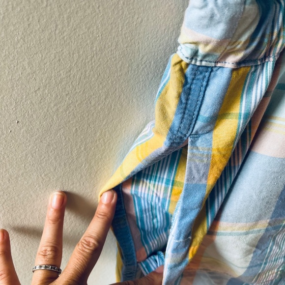 Gap Sz 14 Short Sleeve Plaid Romper Drawstring Waist Pockets Button Down - Picture 8 of 14